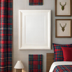Wall art mockup in rustic Scottish bedroom with plaid decor