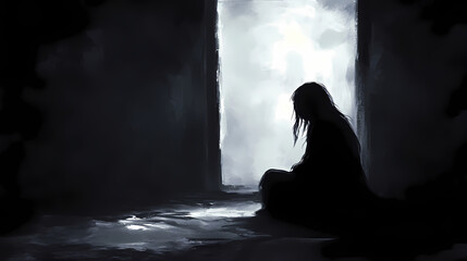 Fototapeta premium Solitude embraced in darkness, shadows whispering secrets of sorrow, a soul lost in the quiet. Whispering Shadows. Illustration
