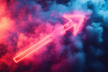 Futuristic neon arrow sign with abstract cloudy background and eye-catching colors
