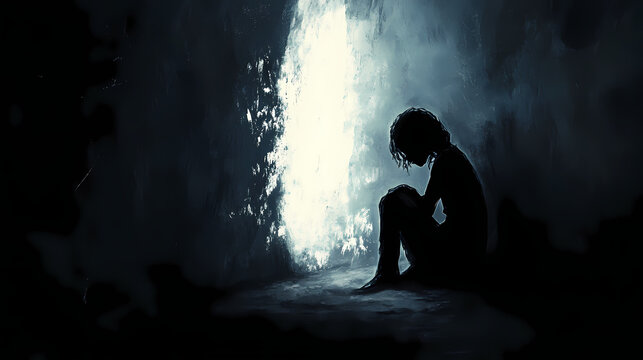 Solitude embraced in darkness, shadows whispering secrets of sorrow, a soul lost in the quiet. Whispering Shadows. Illustration