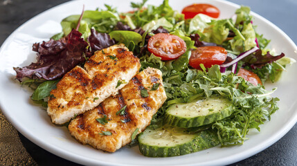 Grilled chicken with fresh salad, tomatoes, and cucumbers on plate
