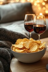 Cozy living room evening a warm indulgence of snacks and wine photography