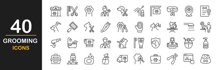 Grooming icon set. Simple set of pet grooming related vector line icons. Contains such Icons as pet-grooming, washing, teeth brushing, nail trimming, taking care of dogs and cats and more