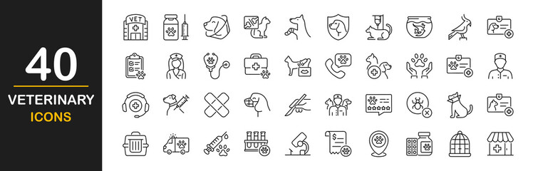 Veterinary icon set. Contains such icons as pets, medical history, health care, vet, vaccines, test, dental care, antiparasitic, diagnosis, x ray, veterinary clinic and more. Vector illustration