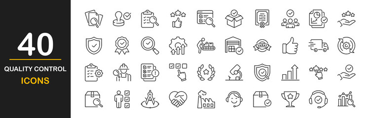 Quality control icon set. Containing inspection, evaluation, checklist, analysis, product, quality assurance, reward, bad quality, settings, customer review, process, testing and more