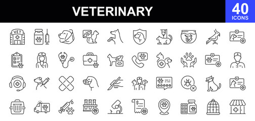 Veterinary icon set. Contains such icons as pets, medical history, health care, vet, vaccines, test, dental care, antiparasitic, diagnosis, x ray, veterinary clinic and more. Vector illustration