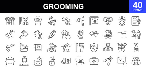 Grooming icon set. Simple set of pet grooming related vector line icons. Contains such Icons as pet-grooming, washing, teeth brushing, nail trimming, taking care of dogs and cats and more