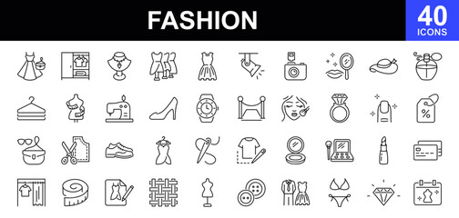Fashion icon set. Containing tailor, fashion designer, accessories, dress, sewing, fabric, clothes, dressing room, fashion week, mannequin, sewing equipment, shoes, beauty and more