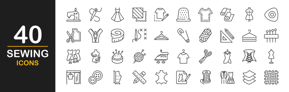 Sewing icon set. Sewing equipment and needlework. Containing  tailor, needlework, dress, stitching, fabric, sewing machine, clothes, measuring tape, wool and more. Vector illustration