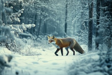 In a snowy forest, a solitary fox walks gracefully, embodying the mystique and resilience of wildlife in winter.