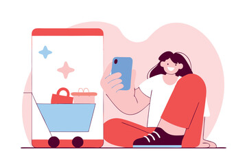Young woman making online order. E-commerce, online shopping, internet buying. Mobile marketplace