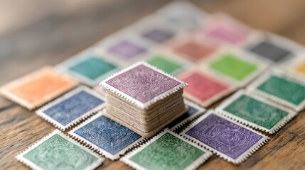 Stacked vintage postage stamps on wooden table