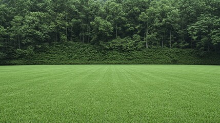 Obraz premium Lush green field, forest backdrop, summer day, nature scene, ideal for backgrounds