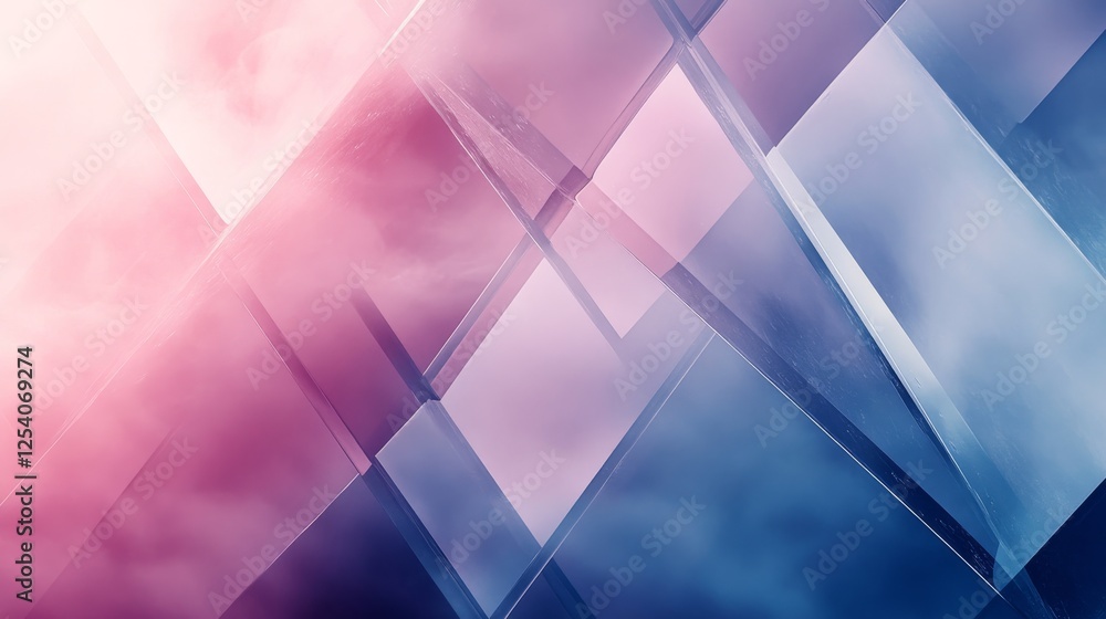 Poster geometric abstraction featuring overlapping translucent shapes in pink and blue