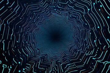 Abstract close-up of a glowing blue digital circuit board, showcasing intricate connections and technological design on a black background.
