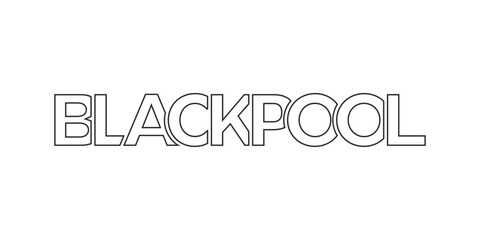 Blackpool city in the United Kingdom design features a geometric style illustration with bold typography in a modern font on white background.