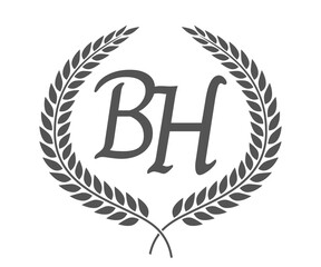 Initial letter B and H, BH monogram logo design with laurel wreath. Luxury calligraphy font.