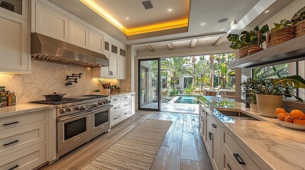 Modern kitchen, pool view, luxury home, tropical backyard, interior design