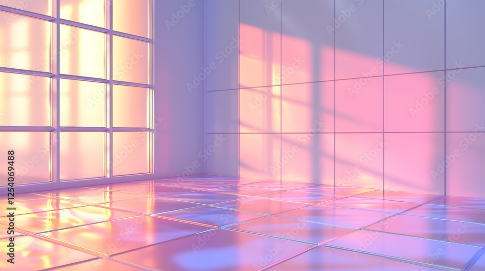 Poster light streams through the window into an empty square tiled room