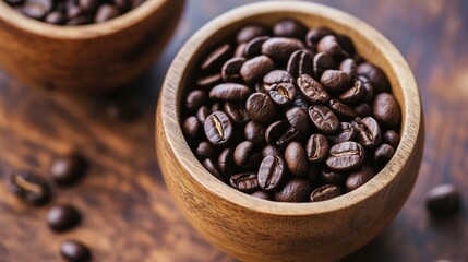 Fototapeta premium Close-up of roasted coffee beans in wooden bowls