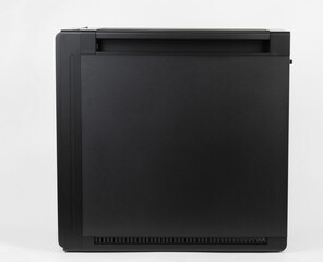 Side view of empty  big tower, PC case, chassis,  studio shoot on white background.