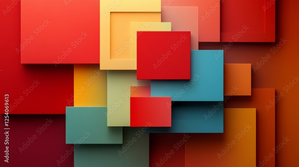 Poster colorful square blocks are layered in abstract geometric pattern