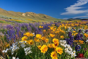 Fototapeta premium Fresh wildflowers blooming under warm Spring Equinox sun