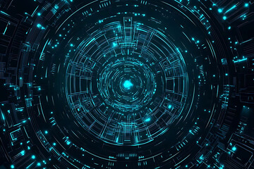 Fototapeta premium Abstract close-up of a glowing blue digital circuit board, showcasing intricate connections and technological design on a black background. 