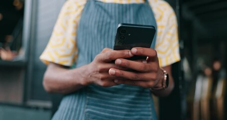 Phone, waiter and hands of person in cafe for restaurant promotion, social media post or chat. Hashtag campaign, customer engagement and closeup of barista in coffee shop for loyalty program sign up