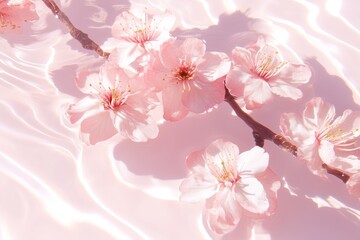 cherry blossom branches in shallow pink water with ripples, top view