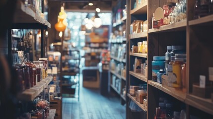 Fototapeta premium Blurred grocery store aisle with warm lighting