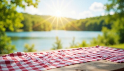 Picnic blanket laid out by the tranquil lake under the shining sun, idyllic outdoor setting
