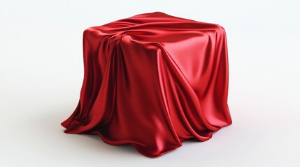 3D rendering of an empty cube covered in elegant red silk, placed against an isolated white background. 