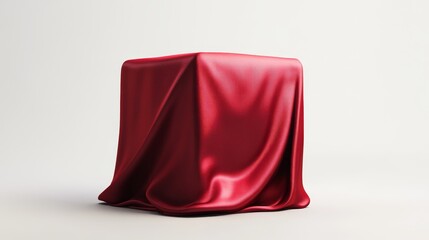 3D rendering of an empty cube covered in elegant red silk, placed against an isolated white background. 