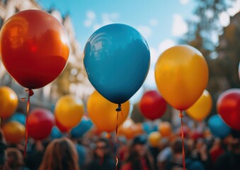 Festive celebration with colorful balloons city park event photography vibrant atmosphere eye-level view joyful gathering