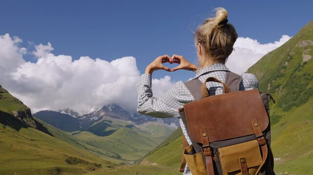 Tourist expresses joy by forming shape of heart with her hands. View of vast landscape of Shkhara mountain valley on sunny summer day. Capture freedom and passion for travel in outdoor adventures