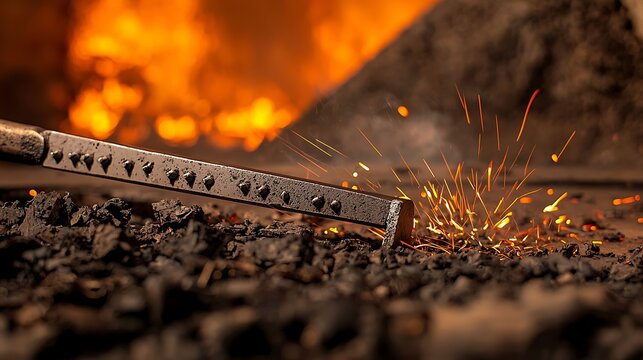 Close-up of a metal rod sparking against a dark surface in a fiery workshop setting