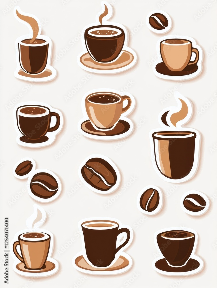 Poster style stickers featuring various coffee cups and coffee beans in a warm, inviting design for enthusi