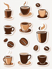 Obraz premium style stickers featuring various coffee cups and coffee beans in a warm, inviting design for enthusiasts and decorators. Generative AI