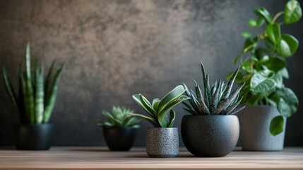 Minimalist interior with green plants and dark wall