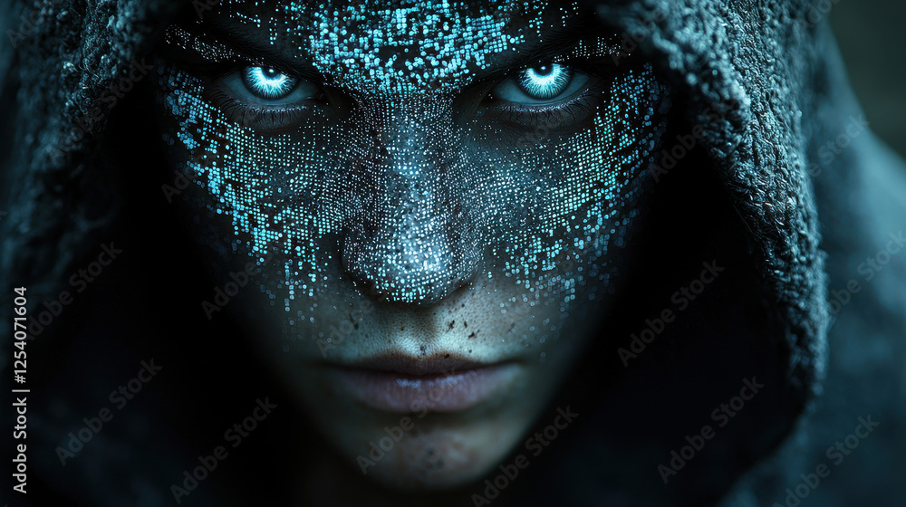 Poster hacker with holographic mask embodies anonymity in a dark futuristic setting filled with digital noi