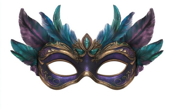 Ornate feathered masquerade mask, isolated, vibrant, design, event