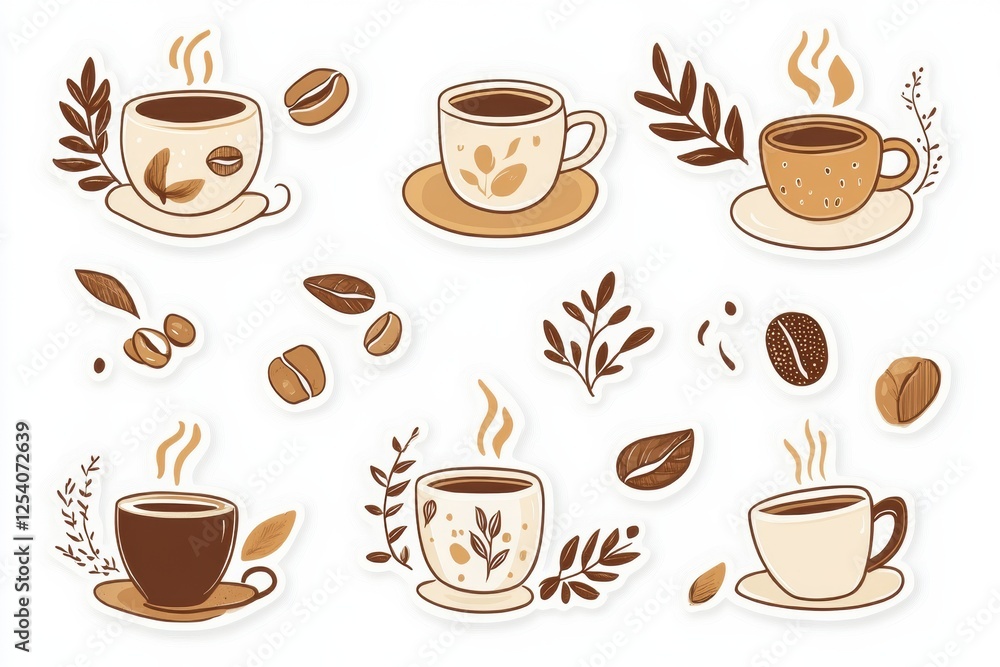 Poster stickers featuring various coffee cups and beans in a playful design. generative ai