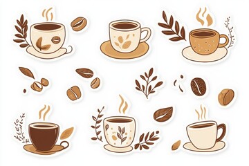 Obraz premium stickers featuring various coffee cups and beans in a playful design. Generative AI