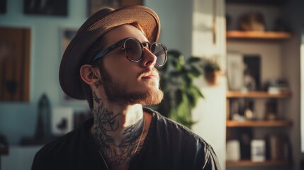 Fototapeta premium Trendy man wearing sunglasses in a coffee shop