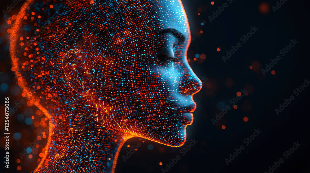 Poster human silhouette merging with digital code explores cyber security and virtual identity in deep blue