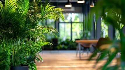 Fototapeta premium Lush Green Tropical Plants Office Interior Design Modern Workspace Vibrant Foliage Natural Greenery Indoor Plants Potted Plants Stylish Office Decor 