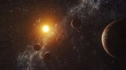 Obraz premium Solar system model illustrating the sun and its orbiting planets in deep space