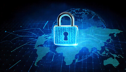 Cybersecurity concept image featuring a glowing padlock over a digital world map. Ideal for illustrating global network security, data protection, and online safety.