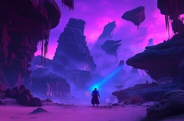 An abstract digital painting showcasing a multicolored dimensional galactic gate colliding with a lone figure